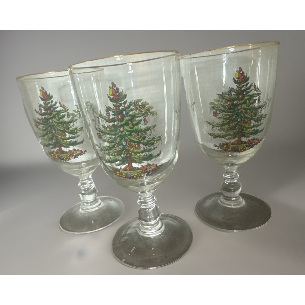 New Spode Christmas Tree Water Glass Goblet Stemmed Gold Rim - 7" Set Of 3